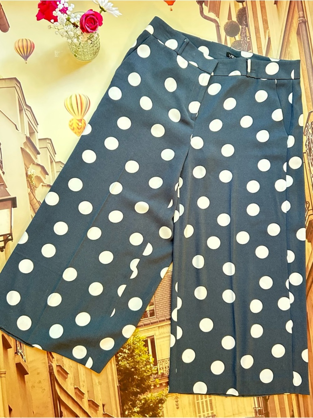 LOFT Navy Blue Polka Dot wide legged crop pants size 10